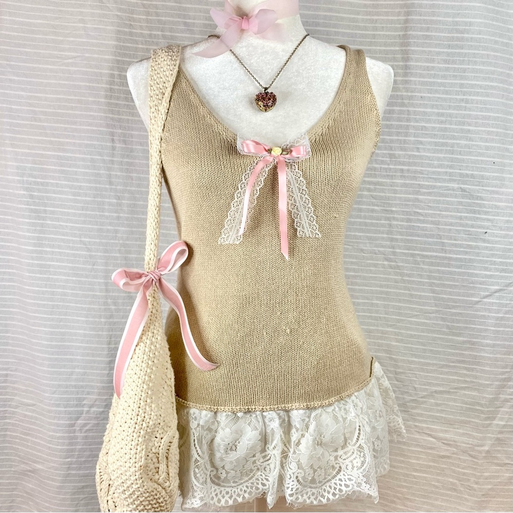♡ reworked knitted tunic style lace trim tank top with flower bow detail ♡